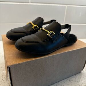 Naturino Black Moccasins with Gold Buckle and Furry Sole